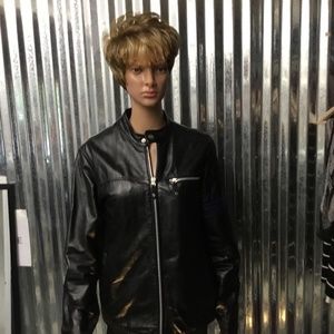 Wilson Leather black jacket with cobalt blue stripe on left arm. Mens size Small